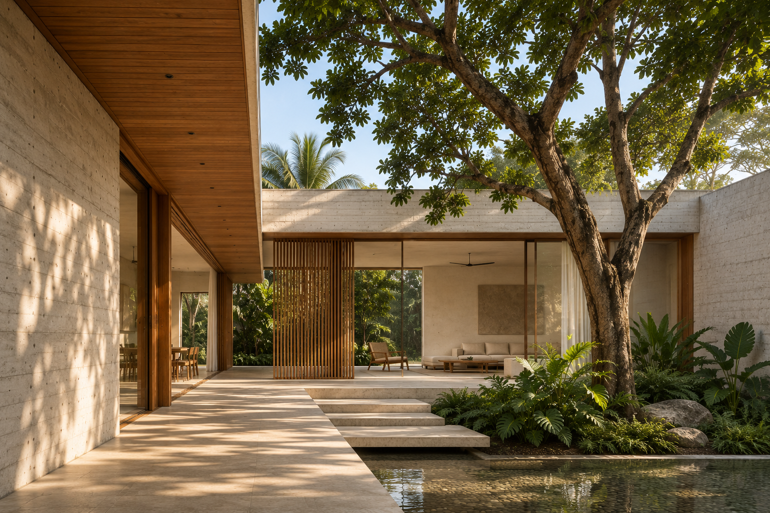 Contemporary courtyard residence with concrete walls and tropical planting